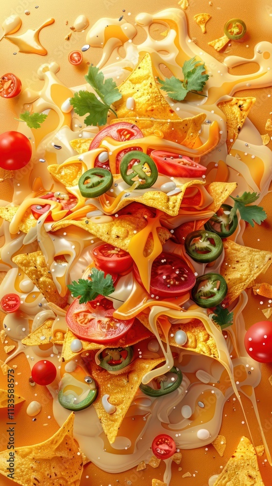 Obraz premium A visually stunning and appetizing platter of homemade Tex Mex nachos loaded with a variety of fresh and flavorful toppings such as salsa jalapenos tomatoes onions and melted cheese