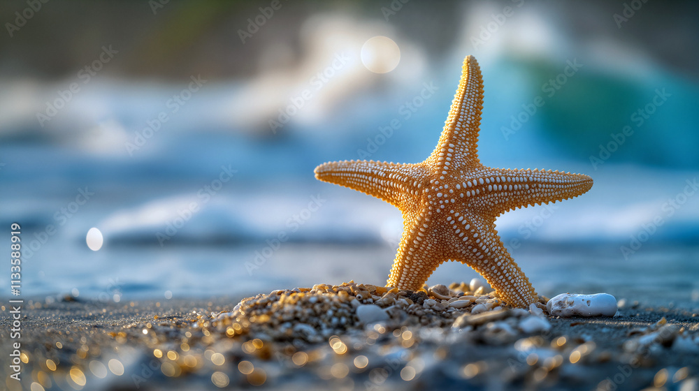 A starfish lies on the sandy shore among pebbles, with soft ocean waves lapping nearby during a tranquil sunset - Generative AI A starfish lies on the sandy shore among pebbles, with soft ocean waves lapping nearby during a tranquil sunset - Generative AI