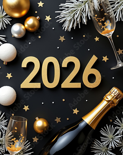 A festive Christmas greeting card design with a gold star, snowflakes, and a decorated winter tree, perfect for celebrating the New Year 2026 photo