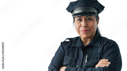 A police officer mexican middle age woman on white background 