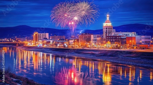 Vibrant Fireworks Display Over Cityscape Reflected in Water at Night, Illuminating Skyscrapers and Streetlights Beneath Starry Sky