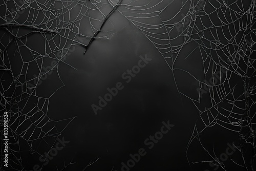 Dark spiderwebs on black background. Intricate design. Halloween theme. Ideal for spooky decor. Suitable for horror movie posters. Scary web texture. Mysterious mood. Elegant backdrop for dark photo