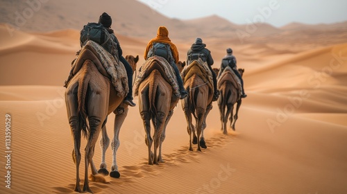 Tourists on camels, desert landscape. photo