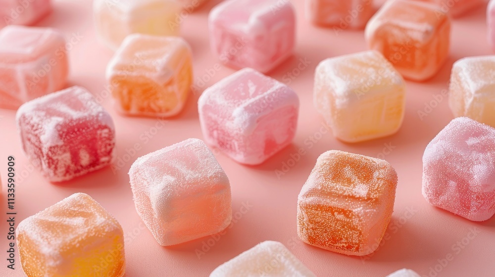 Closeup of a vibrant assortment of soft chewy and translucent gummy candy cubes in various fruit flavors and colors including pink orange and yellow Closeup of a vibrant assortment of soft chewy and translucent gummy candy cubes in various fruit flavors and colors including pink orange and yellow
