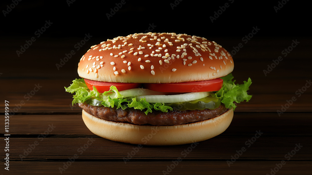 Fresh Delicious Beef Burger with Extra Filling on Wooden Table Fresh Delicious Beef Burger with Extra Filling on Wooden Table