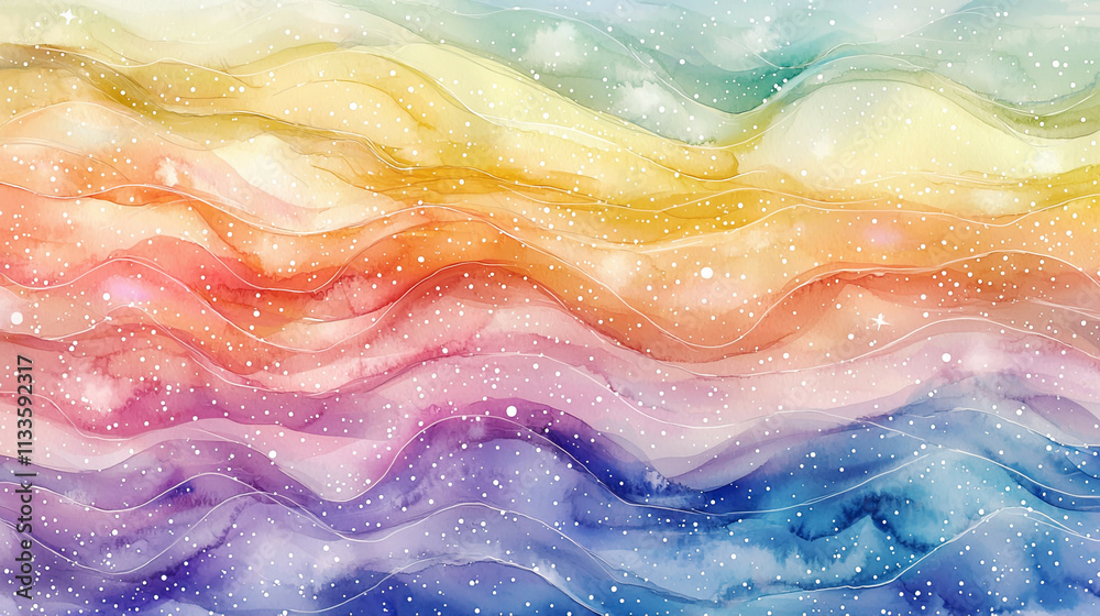 Obraz premium Abstract watercolor waves in rainbow hues, delicate starry dots across the pattern, fluid flow with cosmic sparkle 