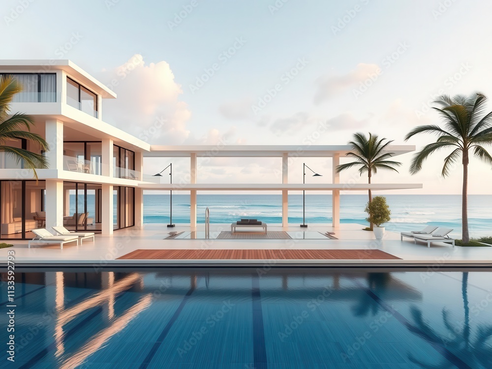 Fototapeta premium A stunning beachfront villa with modern architecture overlooking the ocean, luxury, design