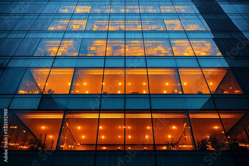 A low-angle view of a modern office building illuminated at night.