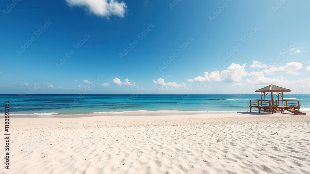 Fototapeta premium A stunning oceanfront property with a peaceful sandy beach and clear blue waters, perfect for a relaxing coastal getaway, sea, serene