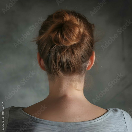 a stock photo of a woman with a hump in her neck she has a fat pad on the back of her neck photo