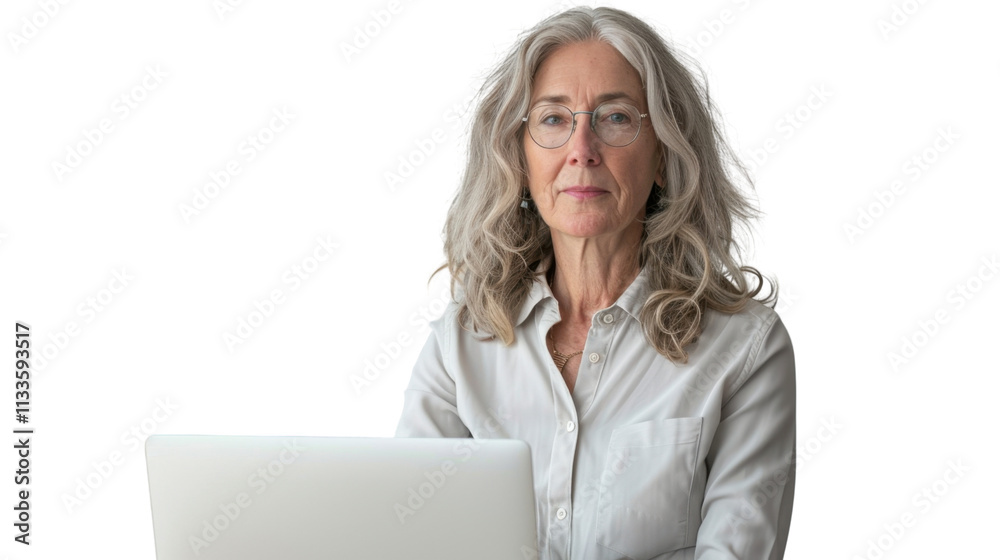 American senior female Employee IT specialist sit at work with laptop on white background
American senior female Employee IT specialist sit at work with laptop on white background