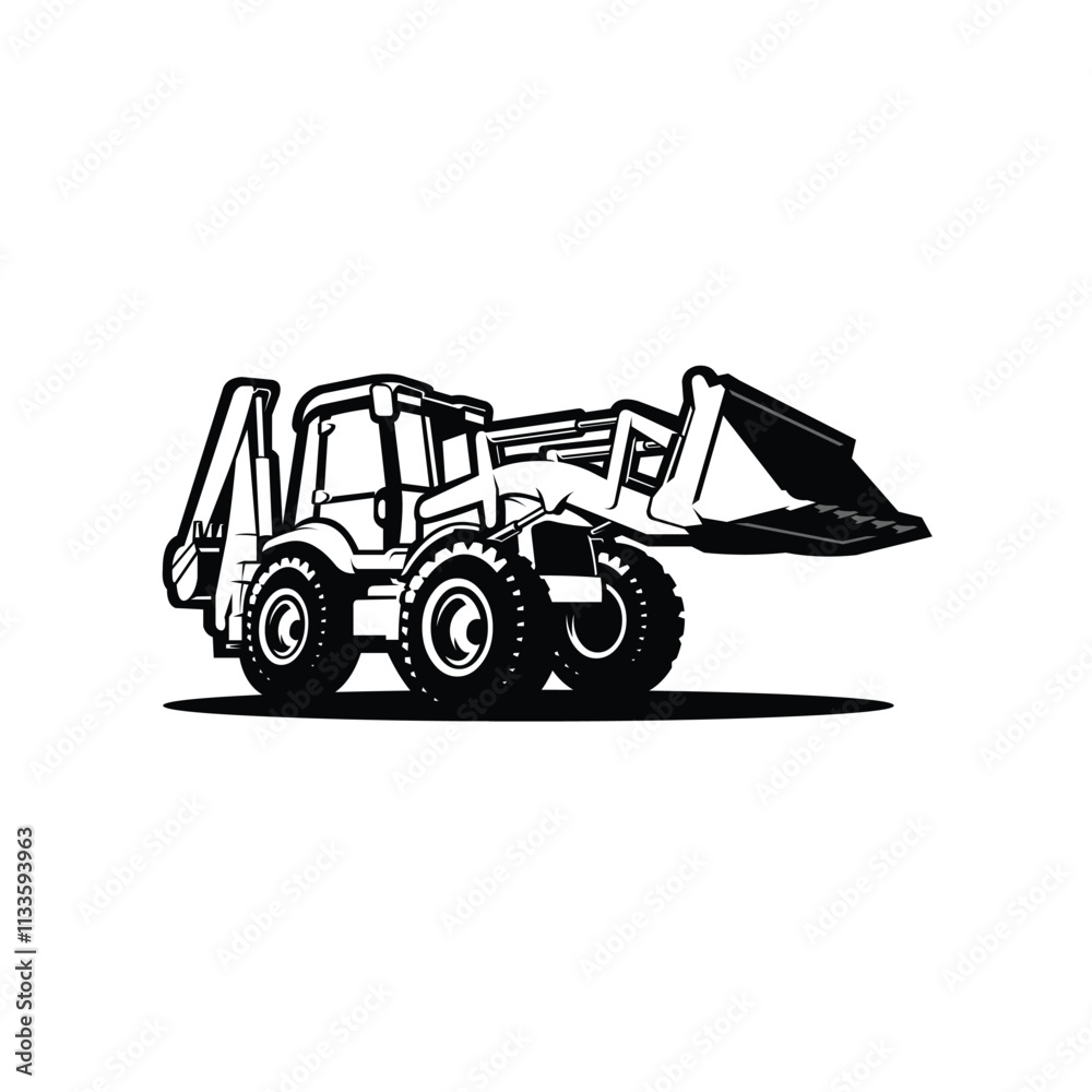 Naklejka premium Backhoe Loader Vector Art, Icon, Monochrome, Silhouette, Black and White Color