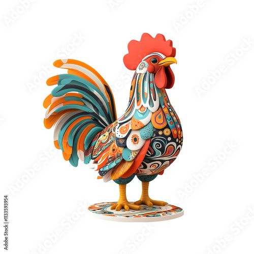 Ornate Rooster Figurine - Vibrant 3D Render of a Colorful Rooster photo