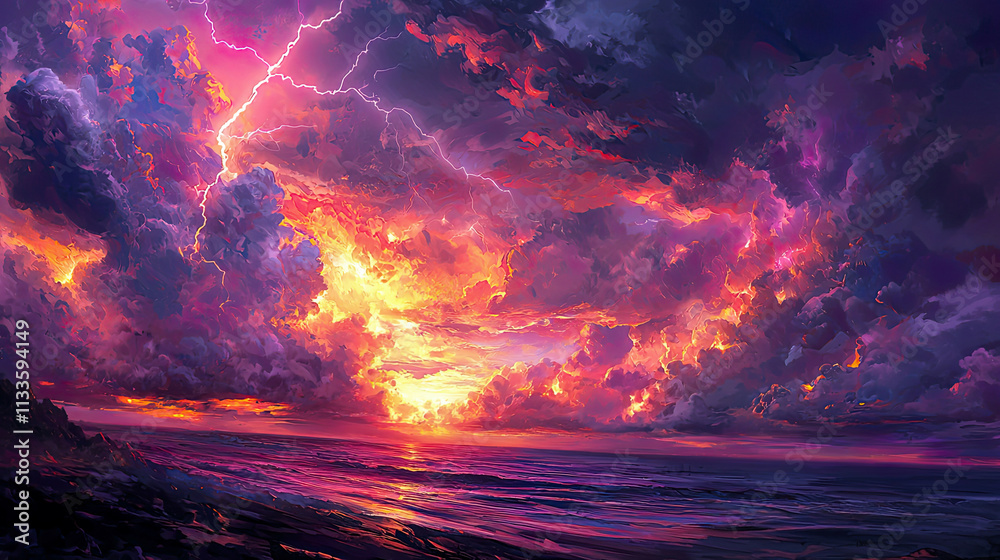 Dramatic sunset storm clouds with vibrant oranges, pinks, and purples, illuminated by bold lightning streaks, creating a surreal atmosphere, Dramatic sunset storm clouds with vibrant oranges, pinks, and purples, illuminated by bold lightning streaks, creating a surreal atmosphere,