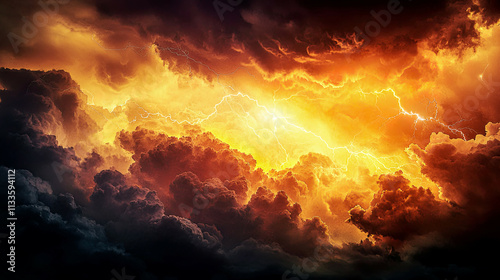 Dramatic cloud formations in yellow, orange, and pink tones, sharp white lightning bolts cutting through dark skies, highly detailed and atmospheric, 