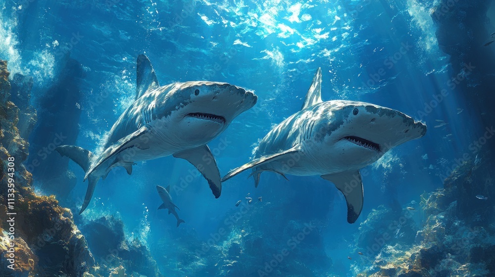 Obraz premium Two sharks swim in sunlit ocean depths.