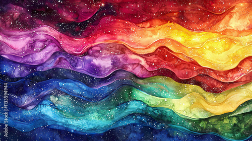 Flowing rainbow gradients with delicate starry speckles, soft glowing cosmic backdrop, watercolor-like abstract waves 