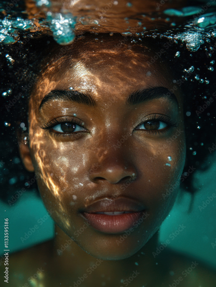 Beautiful black woman swimming under ocean Beautiful black woman swimming under ocean