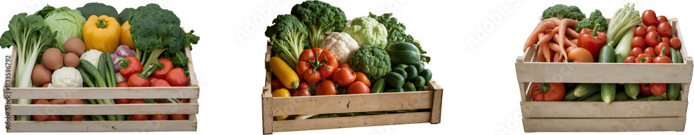 Three Wooden Crates Filled with a Variety of Fresh Vegetables isolated on Transparent and White Background Three Wooden Crates Filled with a Variety of Fresh Vegetables isolated on Transparent and White Background