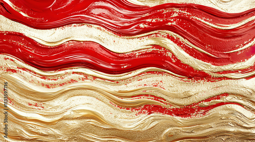 Obraz premium Smooth flowing lines in gold and red, abstract molten texture with glossy metallic finish, dynamic and fluid movement 
