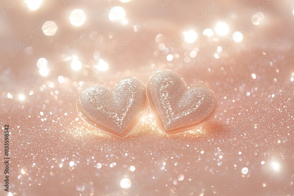 Two Glittering Hearts Resting on Sparkling Surface Two Glittering Hearts Resting on Sparkling Surface