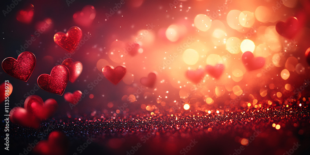 Red glitter hearts floating on a dark sparkly surface with glowing bokeh lights. Romantic holiday background. Valentines Day celebration. Design for greeting cards, invitations, posters, and banners Red glitter hearts floating on a dark sparkly surface with glowing bokeh lights. Romantic holiday background. Valentines Day celebration. Design for greeting cards, invitations, posters, and banners