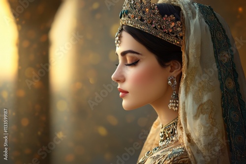 A woman adorned in stunning traditional attire embodies the spirit of Purim, radiating grace and beauty as sunlight filters through ancient architecture, creating a magical atmosphere