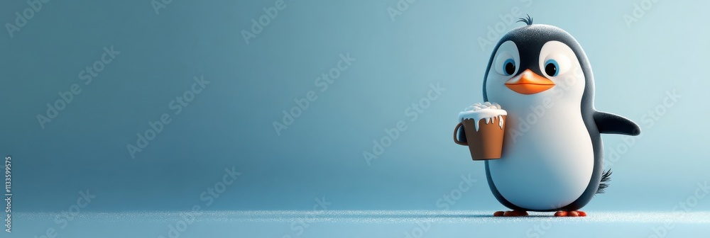 Obraz premium Animated Red-Scarfed Penguin, Cartoonish Style, On Ice Background, for Whimsical Composition