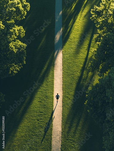 A solitary runner makes their way along a winding path surrounded by lush greenery in a tranquil park at dawn. Generative AI
