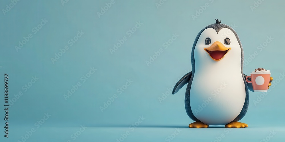 Obraz premium Animated Penguin Character in Light Blue Setting with Coffee, Wearing Sweater and Spread Wings