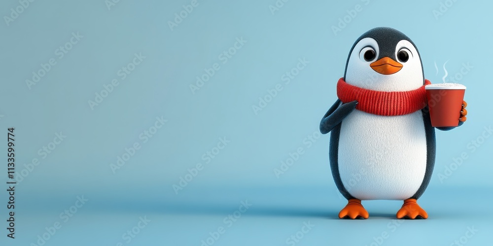 Obraz premium Anthropomorphic Penguin Character, Wearing Scarf, Holding Hot Beverage, Blue Background, Friendly and Inviting for Advertising