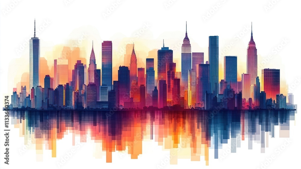 Vibrant city skyline panorama shows modern buildings. Urban landscape view with colorful reflection on water. Sunrise sunset illuminates skyscrapers in dynamic illustration. Perfect for city Vibrant city skyline panorama shows modern buildings. Urban landscape view with colorful reflection on water. Sunrise sunset illuminates skyscrapers in dynamic illustration. Perfect for city