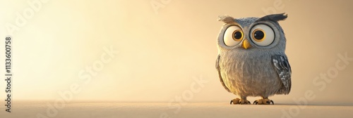 Animated Brown-and-White Owl, Surprised Expression, on Light Beige Gradient Background for Advertising and Children's Media photo