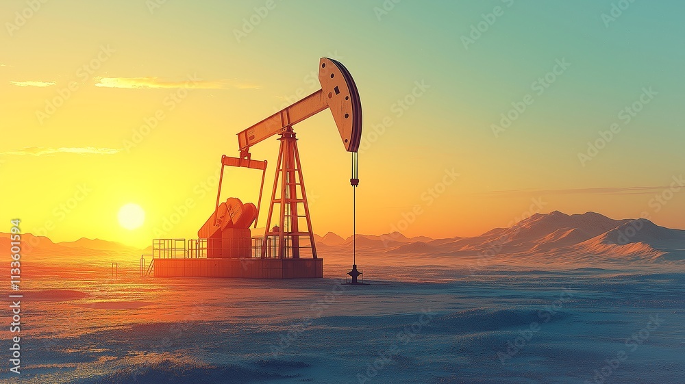 Oil Pump Jack Silhouetted Against a Vibrant Sunset Over a Vast Oil Field Landscape. Generative AI Oil Pump Jack Silhouetted Against a Vibrant Sunset Over a Vast Oil Field Landscape. Generative AI
