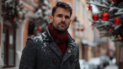 Handsome man in winter coat and red scarf, snowy street, Christmas decorations.