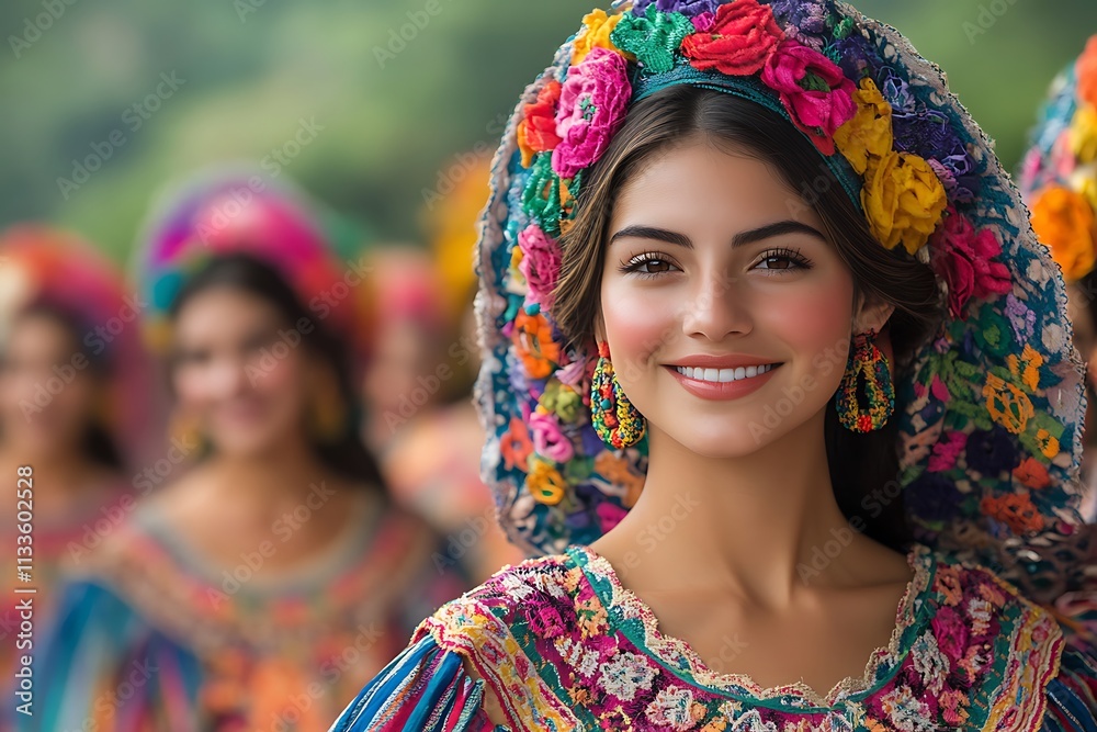 Fototapeta premium A young woman in a vibrant and colorful traditional dress, smiling warmly, adorned with intricate floral embroidery, showcasing the richness of Latin American culture.