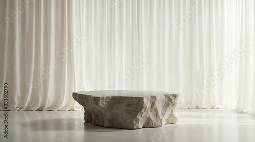 Sophisticated product presentation on a stone podium with neutral minimalistic vibes photo