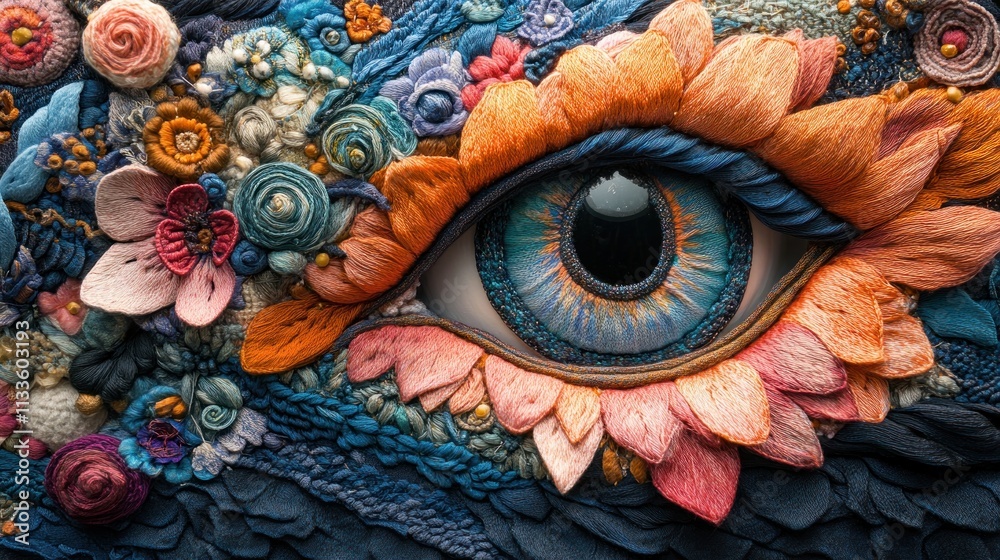Fototapeta premium Embroidered eye, floral details, vibrant colors.