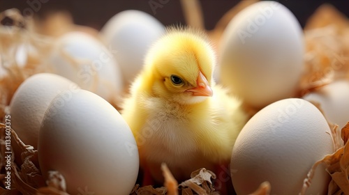 Cute little chick in egg shell on black background. 3d rendering , Generate Ai photo