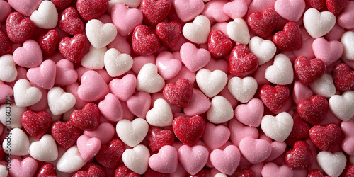 Pile of small red, pink, and white sugar candy hearts. Sweet Valentines Day decoration. Love and romance theme for greeting cards, invitations, posters, and banners photo