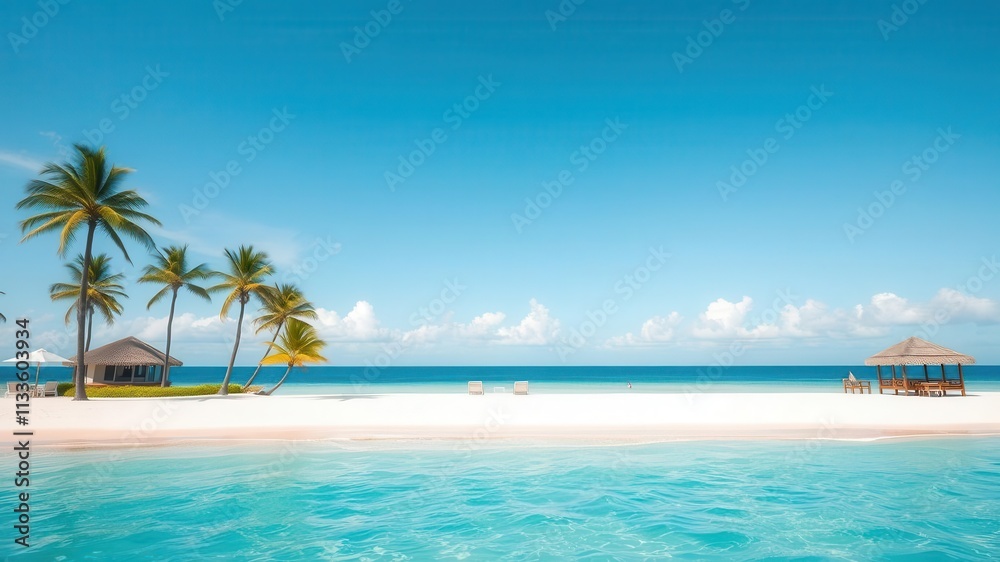 A stunning ocean front property with a pristine sandy beach, turquoise waters, and palm trees swaying in the breeze, scenic, destination A stunning ocean front property with a pristine sandy beach, turquoise waters, and palm trees swaying in the breeze, scenic, destination