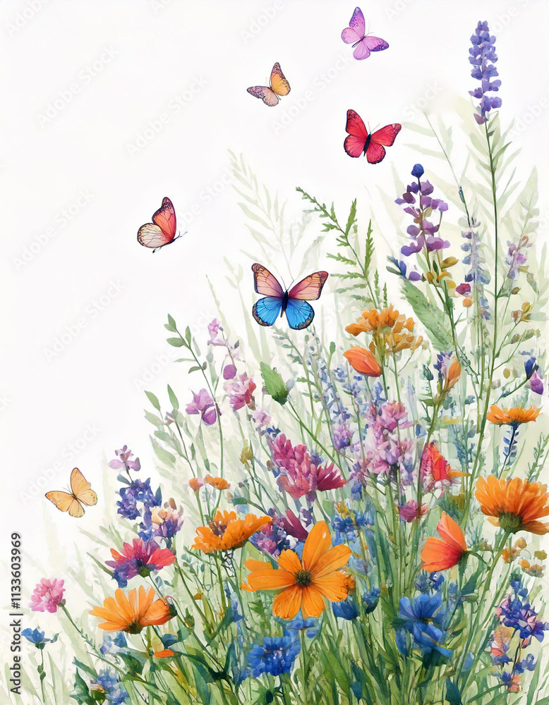 Fototapeta premium Watercolor style wildflowers, field of flowers with butterflies, long decorative border isolated on a clear background, vector illustration. 