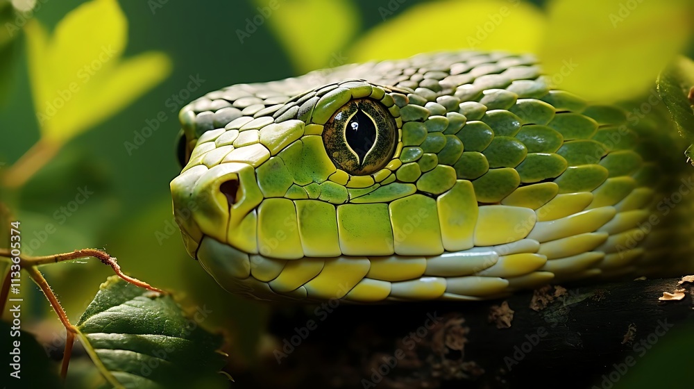 Fototapeta premium Close-up of a vibrant green snake's head, scales detailed, nestled among lush green leaves.