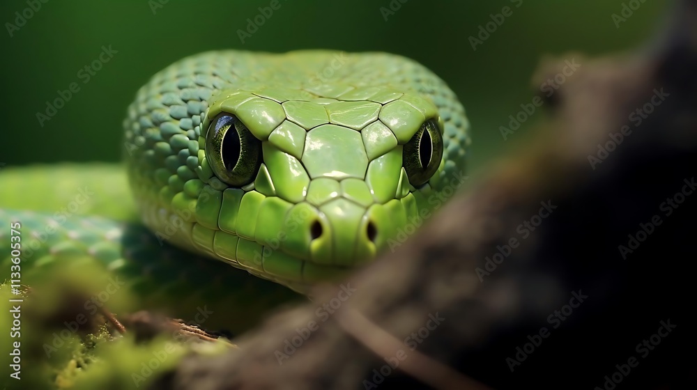 Close-up of a vibrant green snake's head and upper body, partially hidden in foliage. Close-up of a vibrant green snake's head and upper body, partially hidden in foliage.