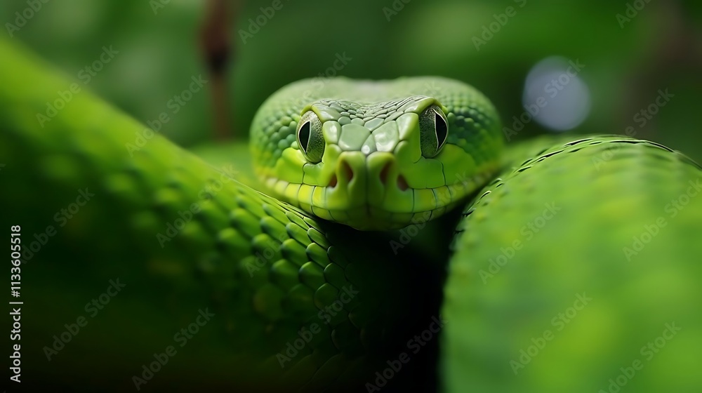 Close-up of a vibrant green snake's head and upper body, coiled amongst lush green foliage. Close-up of a vibrant green snake's head and upper body, coiled amongst lush green foliage.