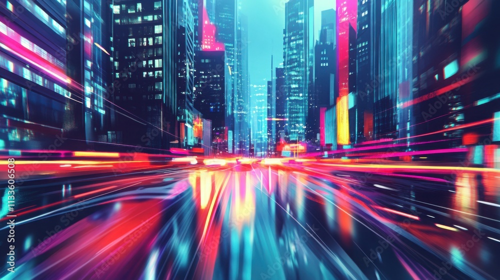 Vibrant Cityscape at Night with Motion Blur Effect Showcasing Neon Lights and Busy Streets in a Futuristic Urban Environment Vibrant Cityscape at Night with Motion Blur Effect Showcasing Neon Lights and Busy Streets in a Futuristic Urban Environment