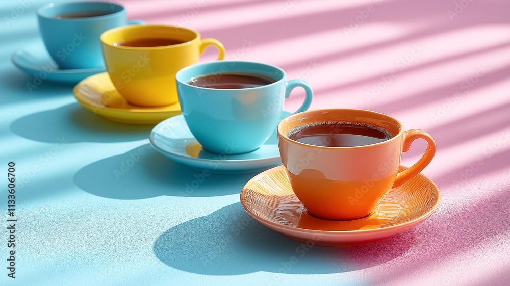Colorful Coffee Cups Arranged in a Line on a Pastel Surface With Playful Shadows During a Bright Afternoon. Generative AI Colorful Coffee Cups Arranged in a Line on a Pastel Surface With Playful Shadows During a Bright Afternoon. Generative AI