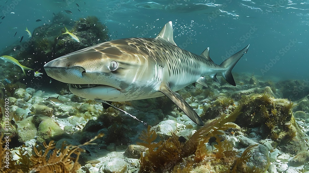 Fototapeta premium Majestic Tiger Shark Swimming Gracefully Along a Rugged Rocky Underwater Terrain in the Deep Blue Ocean, Showcasing Its Striking Stripes and Powerful Presence in Its Natural Habitat
