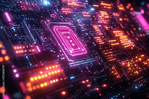 A Close-Up View of a Circuit Board with Glowing Neon Lights, Symbolizing the Power and Complexity of Modern Technology