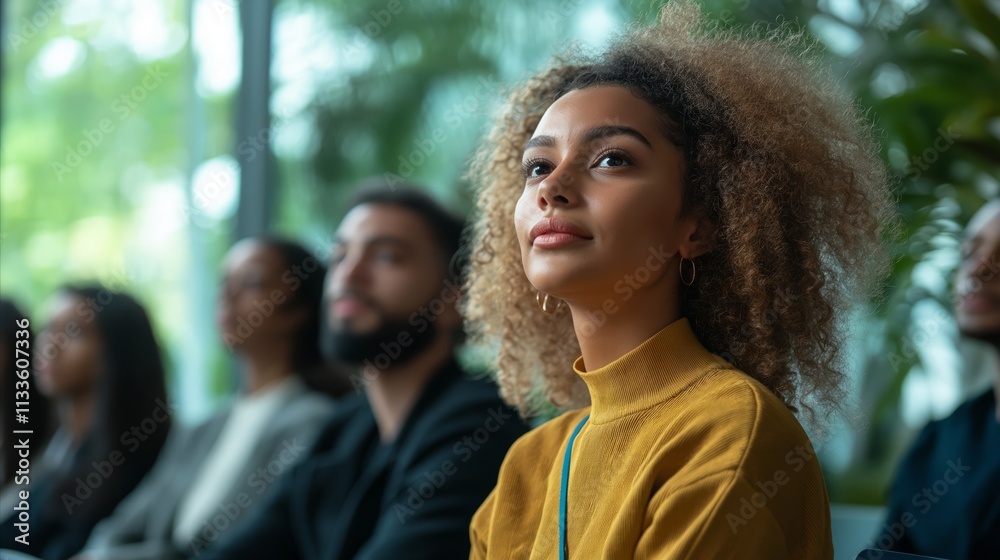 Woman with curly hair is sitting in a room with other people Woman with curly hair is sitting in a room with other people